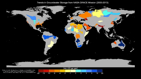 A map of groundwater storage trends for Earth's 37 largest aquifers using GRACE data, showing depletion and replenishment in millimeters of water per year.
