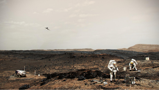This illustration shows NASA astronauts working on the surface of Mars. A helicopter similar to the Ingenuity Mars Helicopter is airborne at left.
