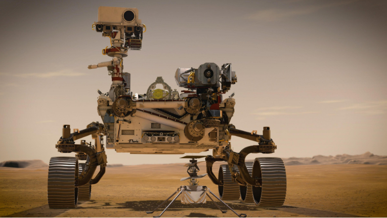 In February 2021, NASA's Mars 2020 Perseverance rover and NASA's Ingenuity Mars Helicopter (shown in an artist's concept) will be the agency's two newest explorers on Mars. Both were named by students as part of an essay contest.