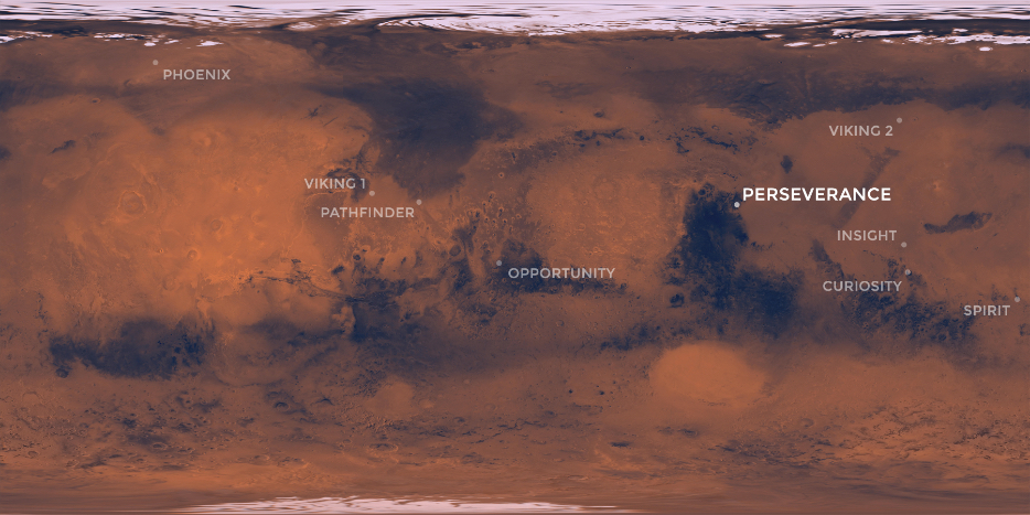 This map of the Red Planet shows Jezero Crater, where NASA's Mars 2020 rover is scheduled to land in February 2021.
