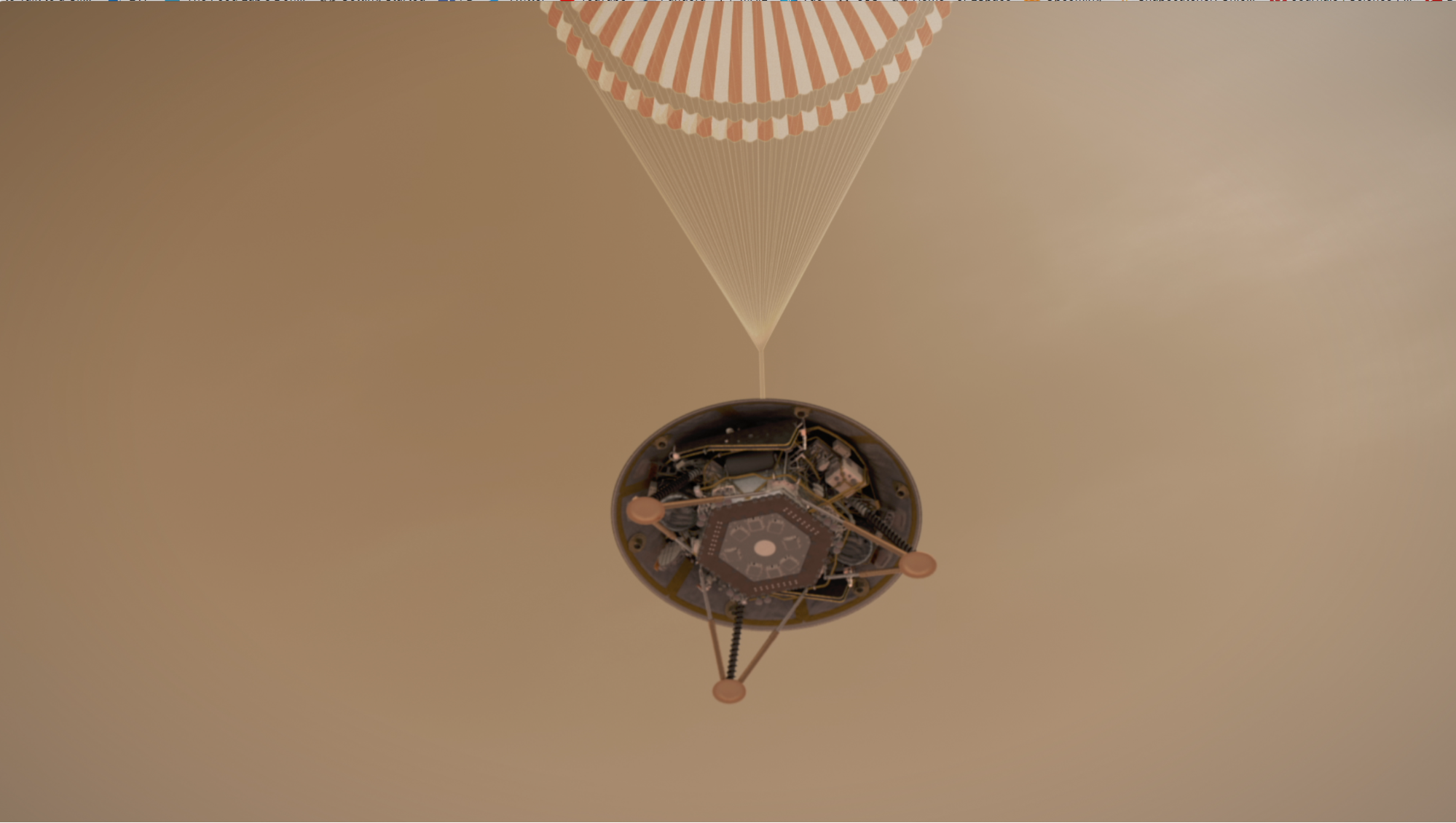 Artist concept of Insight Lander with open parachute approaching Mars surface
