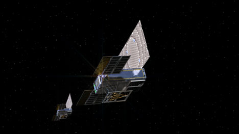 Artist's concept of two cubesats in space.