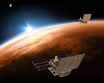 Artist's concept of two cubesats orbiting Mars.