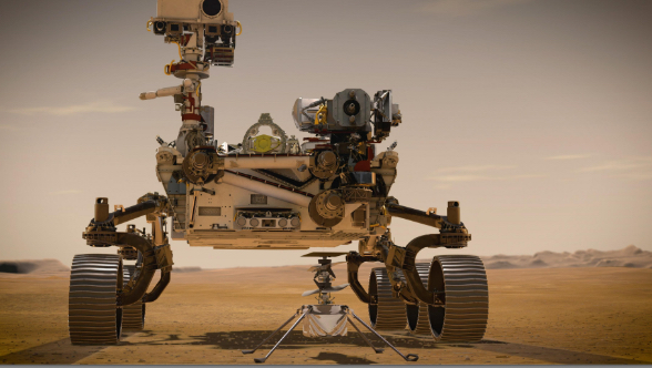 In February 2021, NASA's Mars 2020 Perseverance rover and NASA's Ingenuity Mars Helicopter (shown in an artist's concept) will be the agency's two newest explorers on Mars. Both were named by students as part of an essay contest.