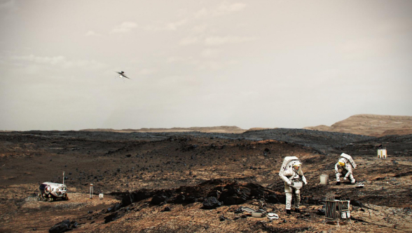 This illustration shows NASA astronauts working on the surface of Mars. A helicopter similar to the Ingenuity Mars Helicopter is airborne at left.
