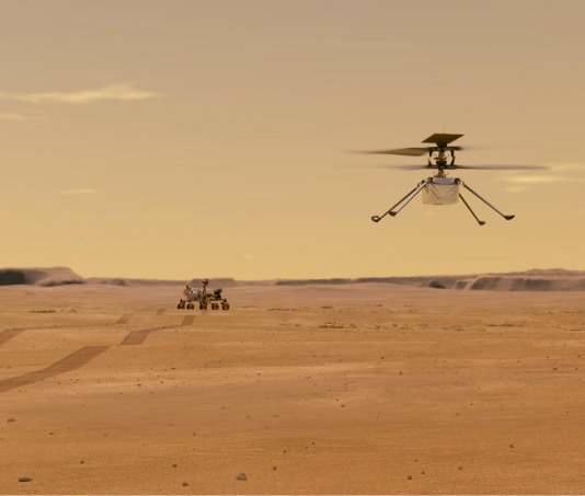 This illustration depicts Mars Helicopter Ingenuity during a test flight on Mars.