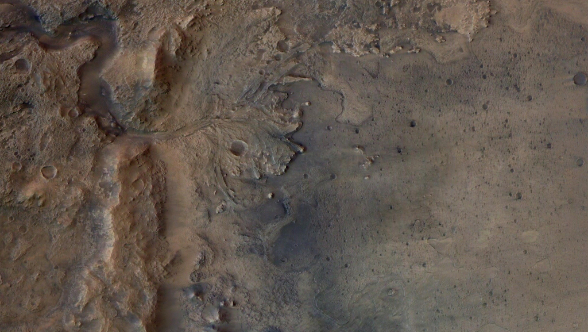 This image shows the remains of an ancient delta in Mars' Jezero Crater, which NASA's Perseverance Mars rover will explore for signs of fossilized microbial life.