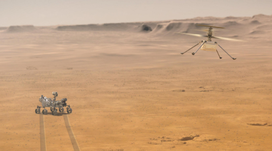 Artist concept of Mars 2020 rover and helicopter
