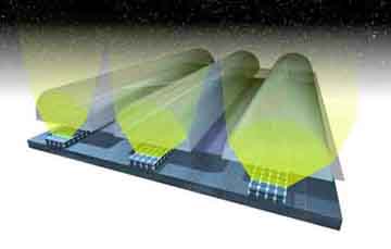 schematic drawing showing light being focused by a number of concentrator lines onto solar cell modules