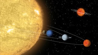 Artist's concept compares a hypothetical solar system centered around a tiny 'sun' to a known solar system centered around a star 55 Cancri.