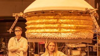 ForeSight, a fully functional, full-size model of NASA's InSight lander, practices deploying a model of the lander's Wind and Thermal Shield. This testing was done at NASA's Jet Propulsion Laboratory in Pasadena, California.
