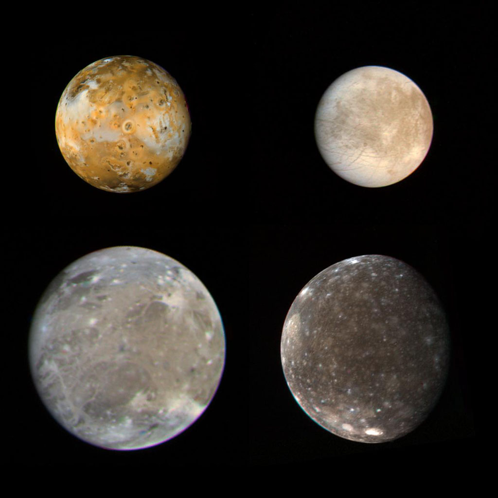 These photos of the four Galilean satellites of Jupiter were taken by NASA's Voyager 1 during its approach to the planet in early March 1979. Io, Europa, Ganymede, and Callisto are shown in their correct relative sizes.