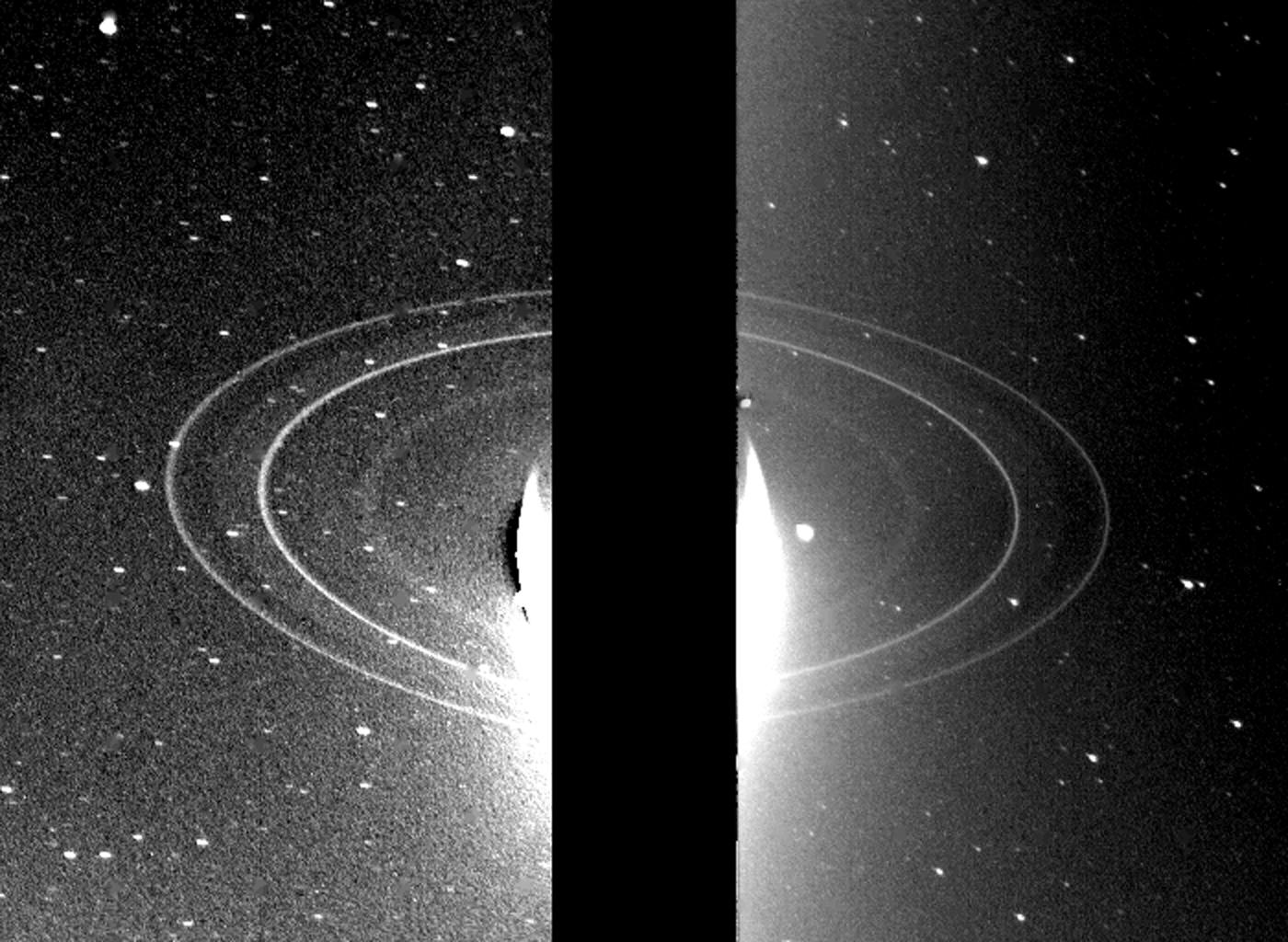 These two 591-second exposures of the rings of Neptune were taken with the clear filter by the NASA's Voyager 2 wide-angle camera on Aug. 26, 1989. The two main rings are clearly visible and appear complete over the region imaged. 
