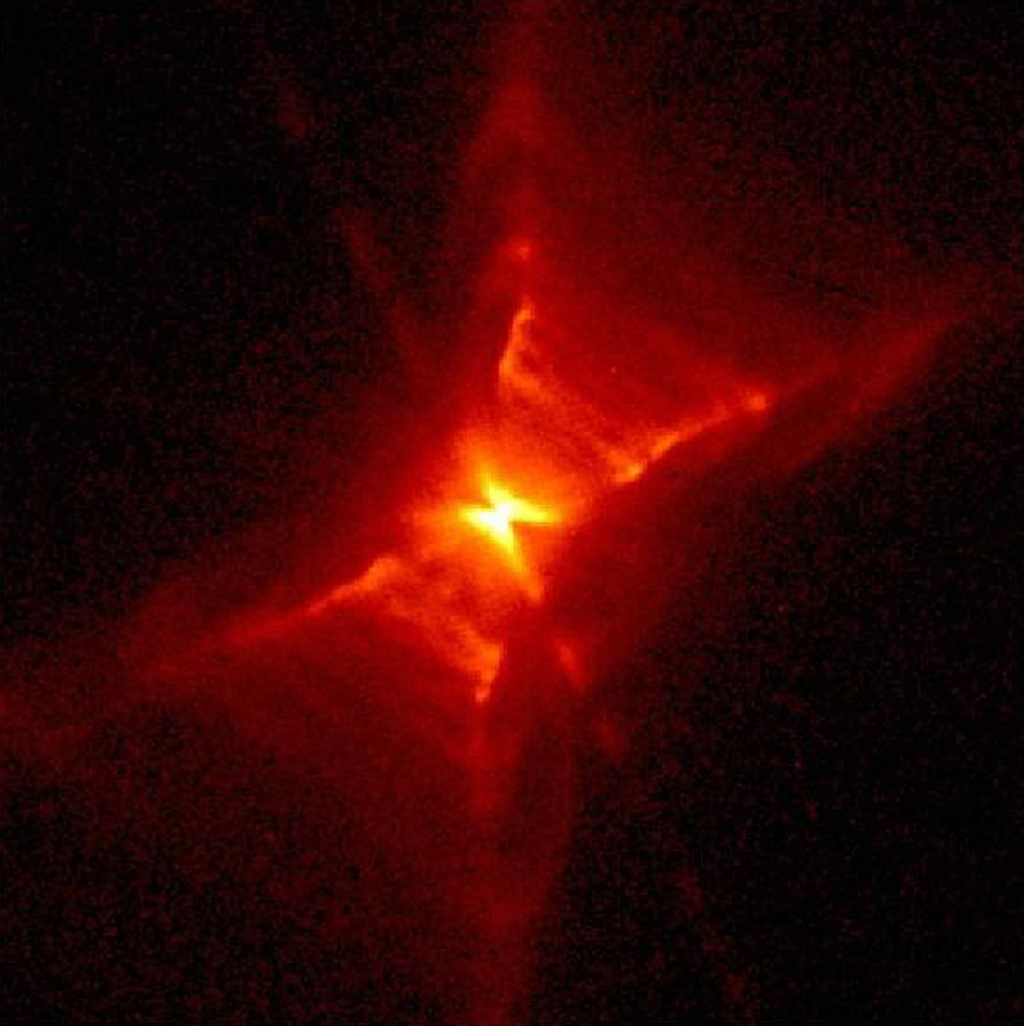 An archival image of the Red Rectangle, or HD44179, taken with the Wide Field Planetary Camera 2 onboard NASA's Hubble Space Telescope.