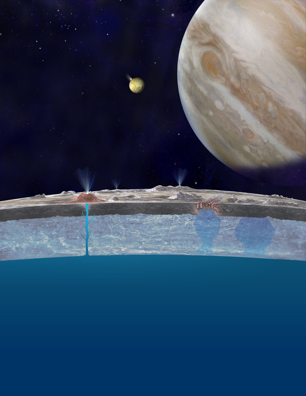 Based on new evidence from Jupiter's moon Europa, astronomers hypothesize that chloride salts bubble up from its global liquid ocean and reach the frozen surface where they are bombarded with sulfur from volcanoes on Jupiter's innermost large moon, Io.