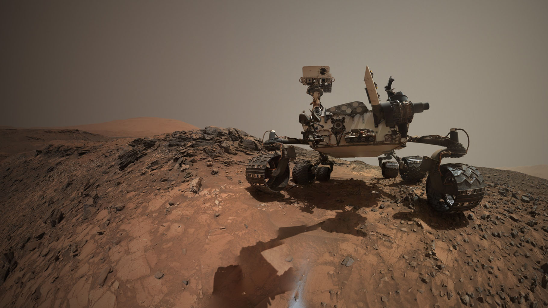 This low-angle self-portrait of NASA's Curiosity Mars rover shows the vehicle at the site from which it reached down to drill into a rock target called 'Buckskin' on lower Mount Sharp.