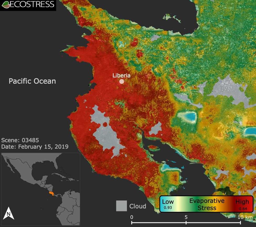 Satellite image of Costa Rica with a heat map overlayed. Most of the country is shown in red, indicating high planet water stress.