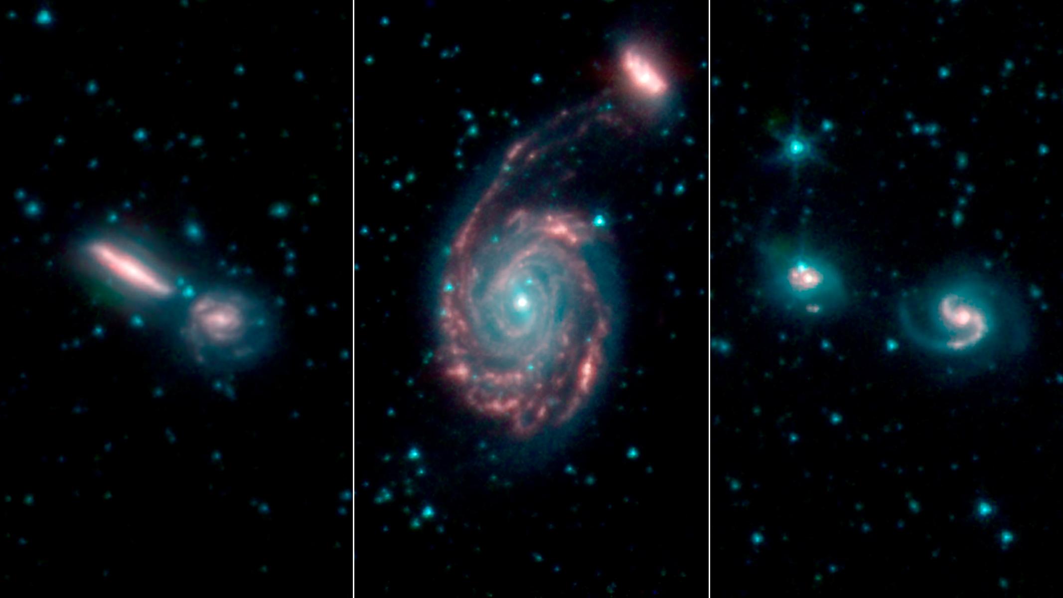These three images, by NASAs Spitzer Space Telescope, show merging galaxies observed for the Great Observatories All-sky LIRG Survey, or GOALS.