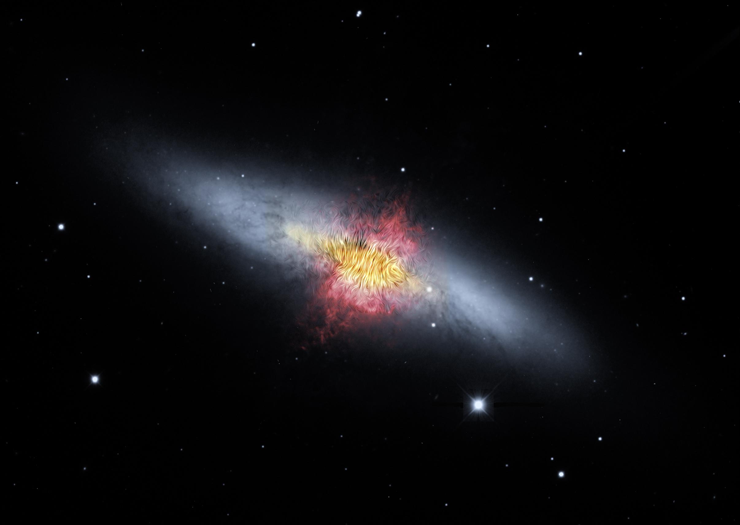 The magnetic field lines of the the Cigar Galaxy (also called M82) appear in this composite image produced by NASAs Spitzer Space Telescope. The lines follow the bipolar outflows (red) generated by exceptionally high rates of star formation.