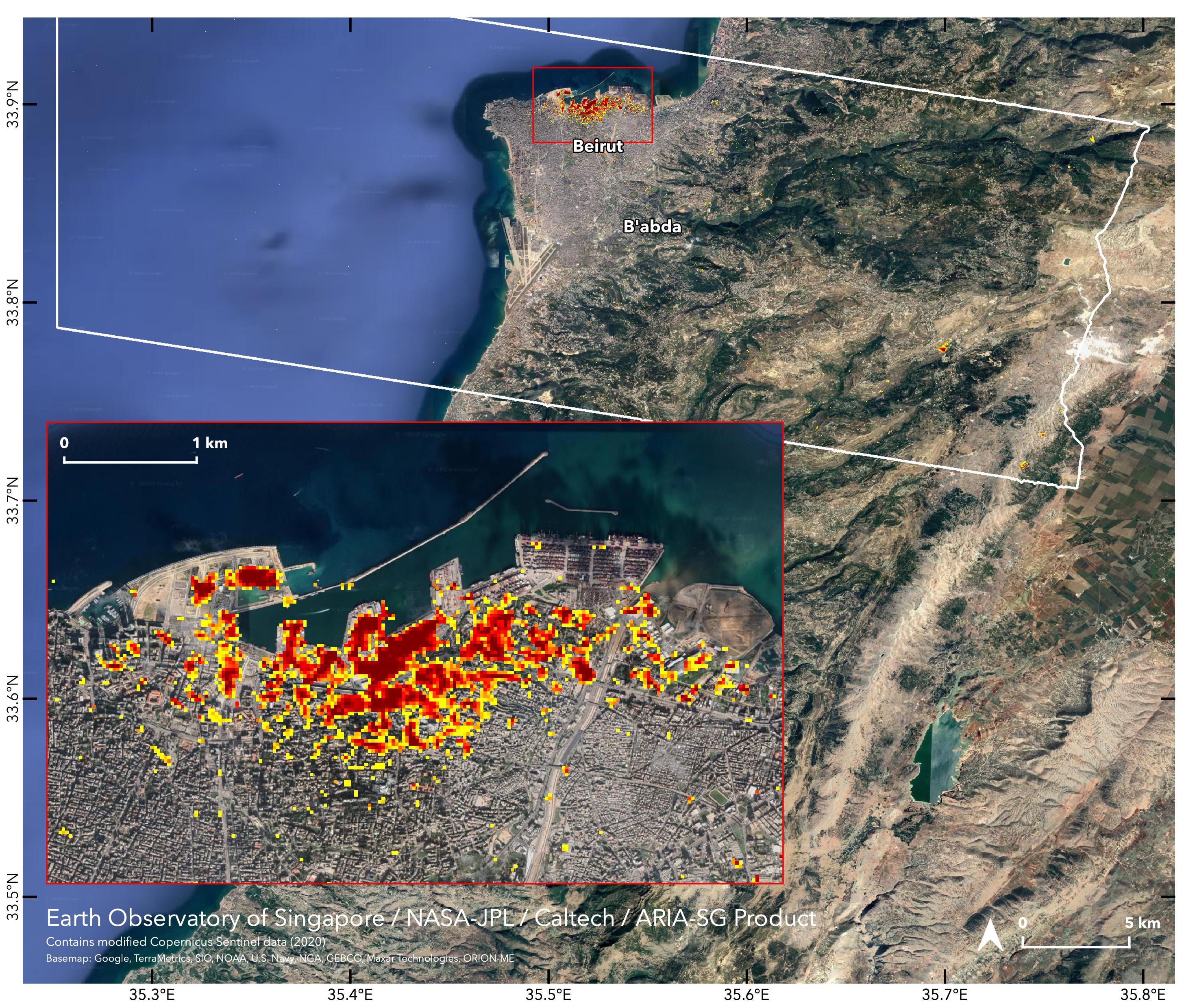 NASAs ARIA team, in collaboration with the Earth Observatory of Singapore, used satellite data to map the extent of likely damage following a massive explosion in Beirut.